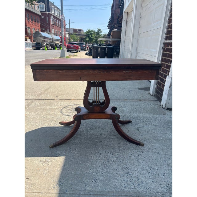Mid 20th Century Federal Revival Mahogany Lyre Base Flip Top Games Table For Sale - Image 11 of 11