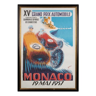 Vintage 20th Century Framed 1957 Monaco Grand Prix Poster by Bernard Minne, 1985 For Sale