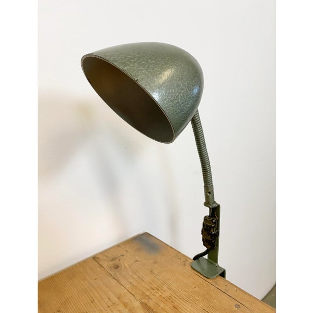 Green hammer paint industrial table lamp made by Elektroinstala Děčín in former Czechoslovakia during the 1960s. It...