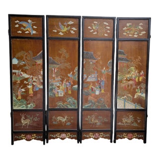 1940s Chinese Coromandel Four Panel Hand Painted Folding Screen /Partition For Sale