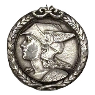 1930s French Pewter Art Deco Medallion Struck With the Face of Mercury Pedant Pin For Sale