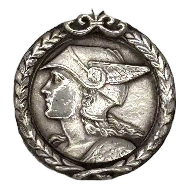1930s French Pewter Art Deco Medallion Struck With the Face of Mercury Pedant Pin For Sale