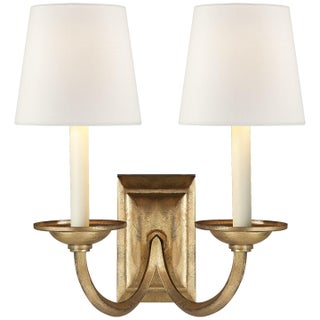 Chapman & Myers for Visual Comfort Signature Flemish Double Sconce in Gilded Iron with Linen Shades For Sale