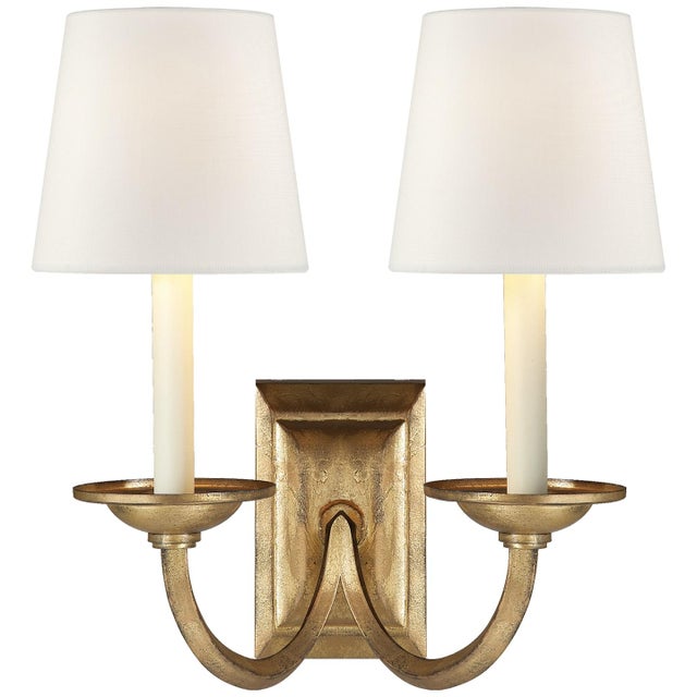 Chapman & Myers for Visual Comfort Signature Flemish Double Sconce in Gilded Iron with Linen Shades For Sale