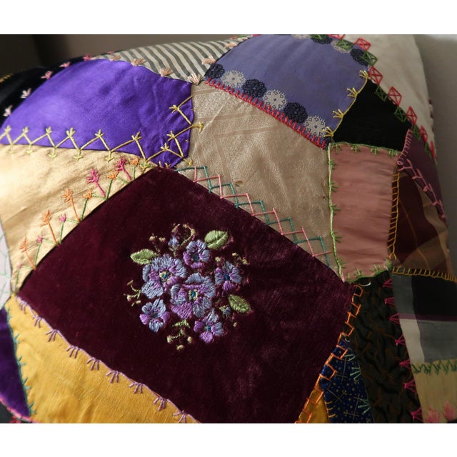 1870s Crazy Quilt Pillow 18 Inches 2 For Sale - Image 4 of 7