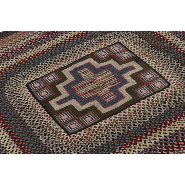Rug & Kilim Antique Hooked Oval Rug With Stripes and Geometric Patterns, From Rug & Kilim For Sale - Image 4 of 7