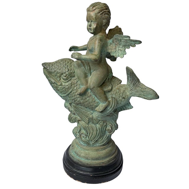 Baroque 20th Century Continental Verdigris Bronze Putto Riding Fish Sculpture For Sale - Image 3 of 11