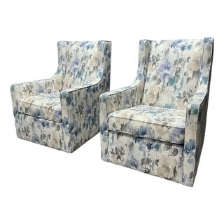 Pair of Ethan Allen Custom Floral Swivel Rocker Lounge Chairs in Contemporary Watercolor Upholstery For Sale