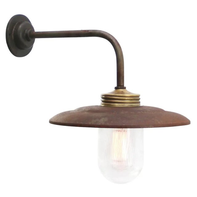 Rust Cast Iron Barn light Brass top with clear striped glass Diameter cast iron wall piece: 10.5 cm / 4 inches 2 holes to...