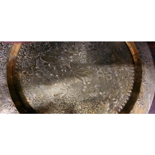 Indian Indian Vintage Solid Bronze Finely Engraved Round Serving Tray For Sale - Image 3 of 10