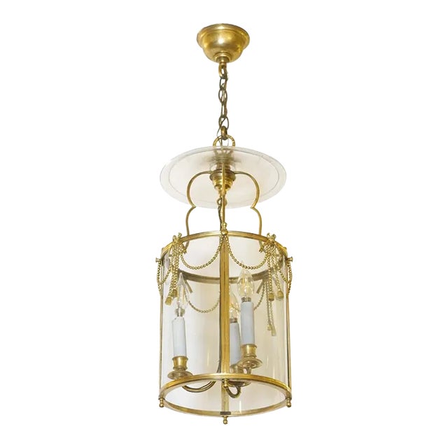 Gold Gilded Bronze French 3 Light Cylinder Ceiling Lantern For Sale