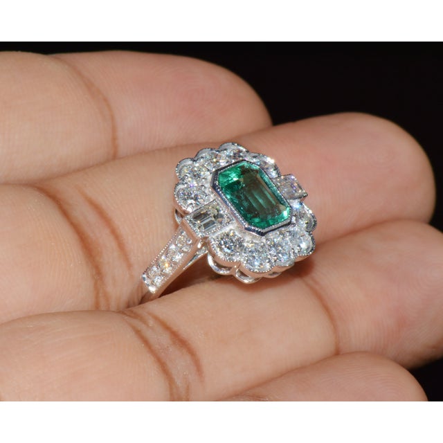 Gia Certified 2.53ct Natural Zambian Emerald & Diamond Halo Milgrain 18k White Gold Ring, Size 5 For Sale In Dallas - Image 6 of 16