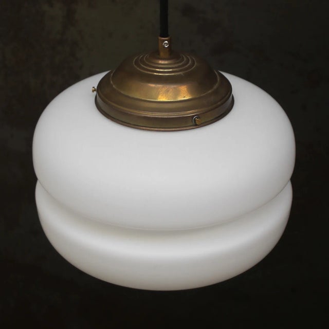 Mid-Century White Matte Opaline Glass and Brass Pendant Light For Sale - Image 5 of 7