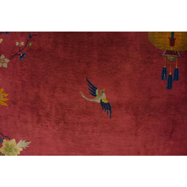 Stunning Red-Raspebery Background Color With Colorful Floral Design Antique Chinese Art Deco Rug For Sale - Image 4 of 10