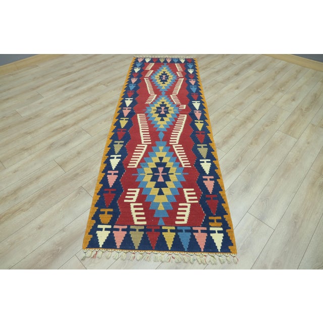1970s Tribal Blue Ikat Kilim Runner Rug For Sale - Image 10 of 10