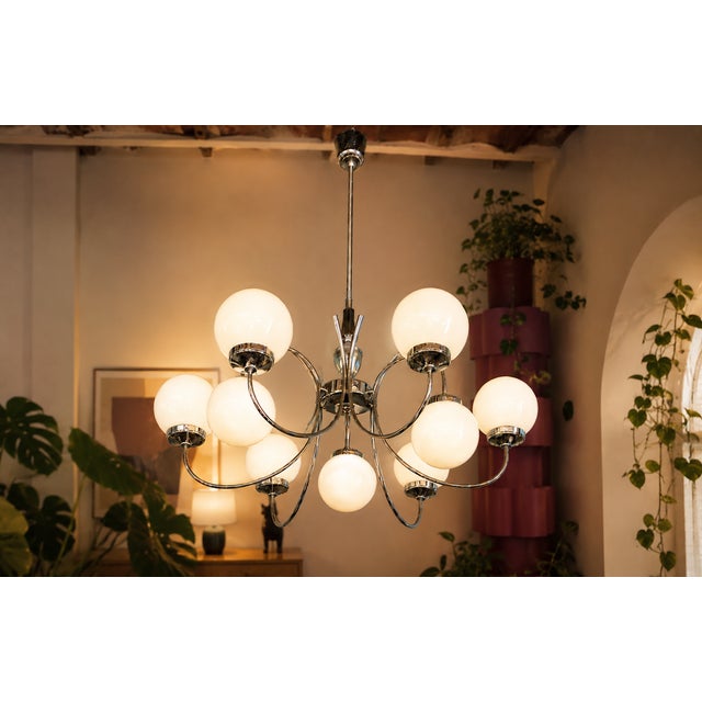 Space Age Chrome and Opaline Glass Chandelier, 1970s For Sale - Image 4 of 10