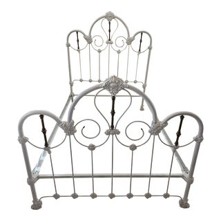 19th Century Antique White Heavy Cast Iron Full Bedframe With Brass Features For Sale