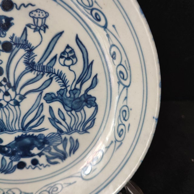 Ceramic Chinese Ceramic Plate,Qianlong Marked Blue and White Porcelain Plate Hand Painted Fish Pattern For Sale - Image 7 of 10
