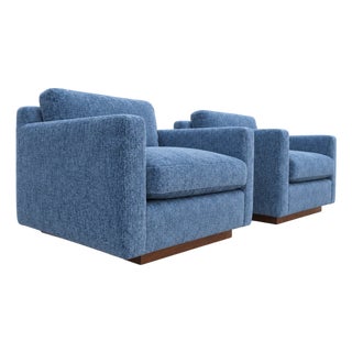 Mid-Century Modern Lounge Chairs Walnut Base Chenille Fabric - Set of 2 For Sale