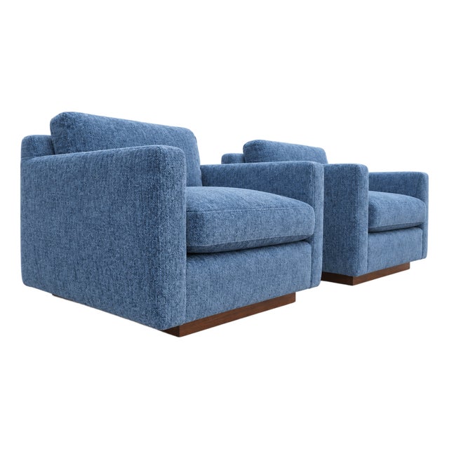 Mid-Century Modern Lounge Chairs Walnut Base Chenille Fabric - Set of 2 For Sale