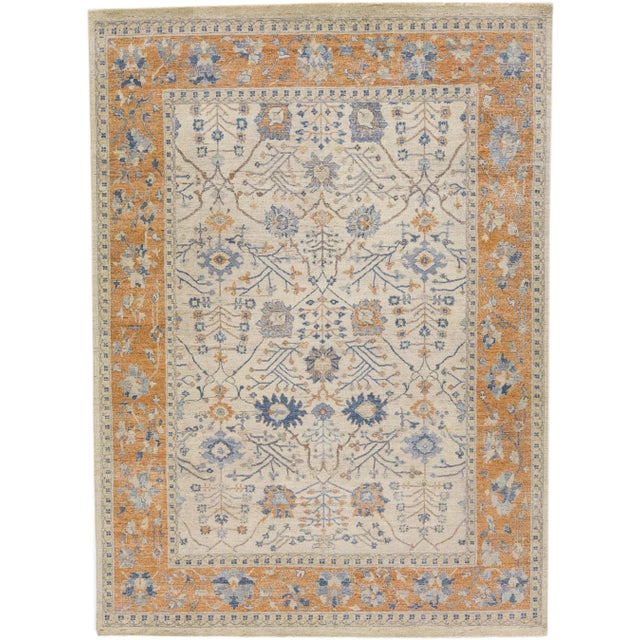 Textile Apadana's Artisan Collection Handmade Floral Designed Beige and Orange Wool Rug For Sale - Image 7 of 7