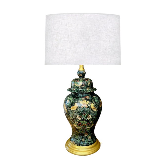 Vibrant William Morris iconic “The Strawberry Thief” design art nouveau table lamp. This has been professionally finished...