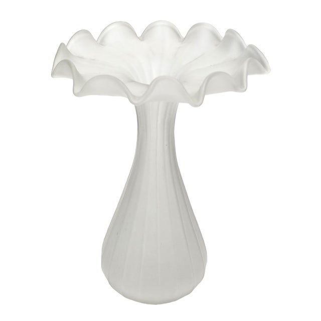 Italian Stelvia Frosted White Ruffled Glass Vase Hand Blown Art Glass For Sale - Image 3 of 9