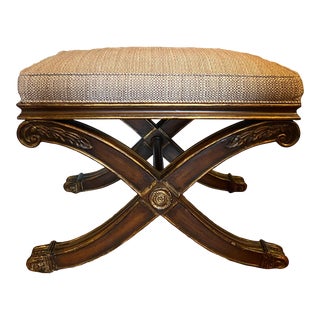 Ethan Allen Regency Style Mahogany Gilt X Base Ottoman Stool For Sale