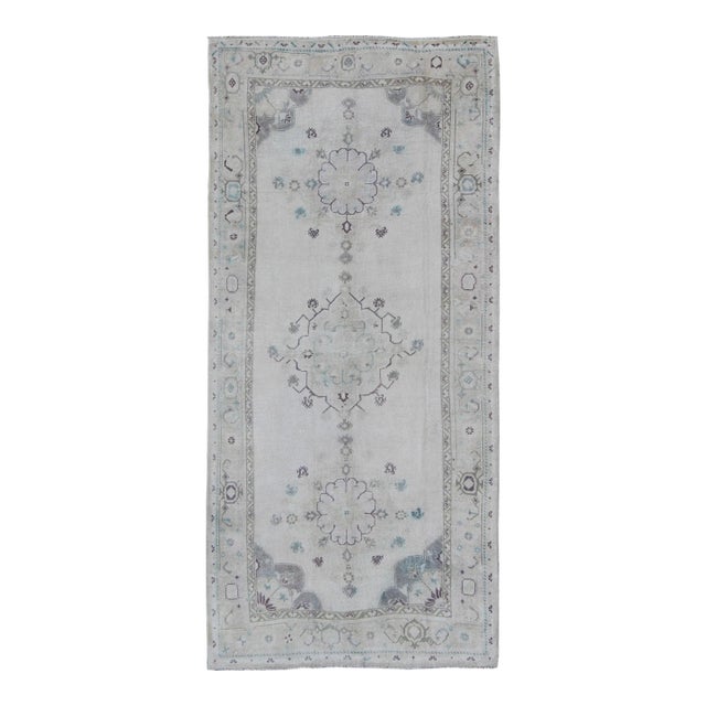 Vintage Oushak Gallery Rug in Soft Gray, Ivory, and Hints of Blue Accents For Sale
