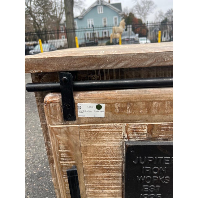 Wood Industrial Sliding Door Media Cabinet in Reclaimed Style Wood For Sale - Image 7 of 9