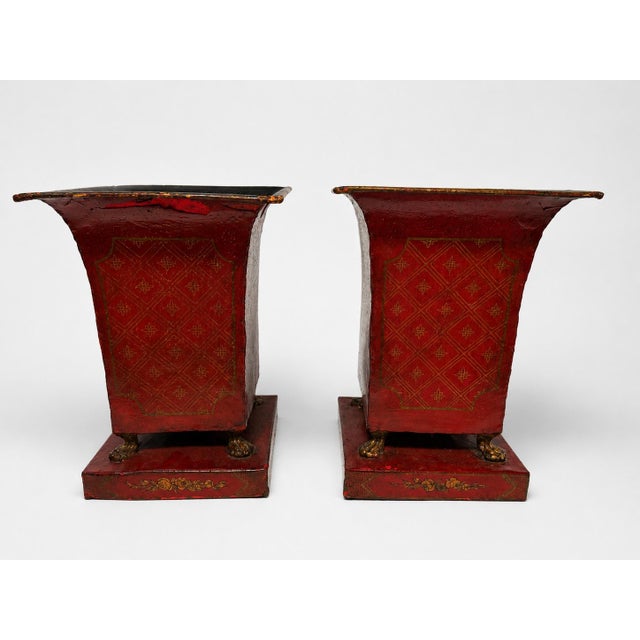 Pair of Large Italian Chinoiserie Decorated Red Tole Neoclassical Planters For Sale - Image 4 of 10