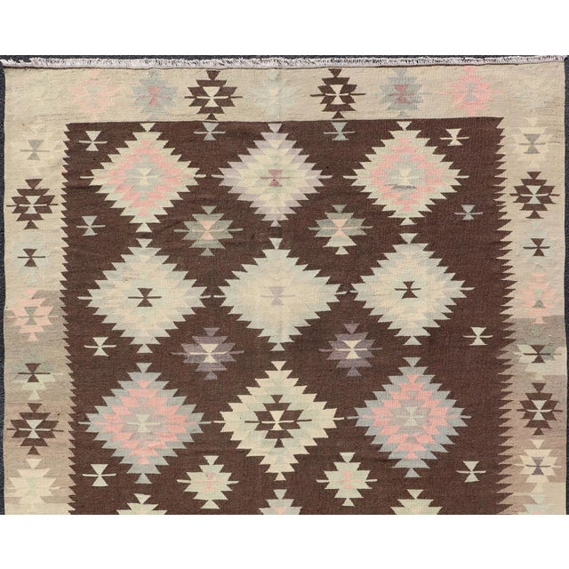Mid 20th Century Tribal and Geometrics Turkish Kilim in Brown With Cream, Pink, Light Gray/Blue For Sale - Image 4 of 13