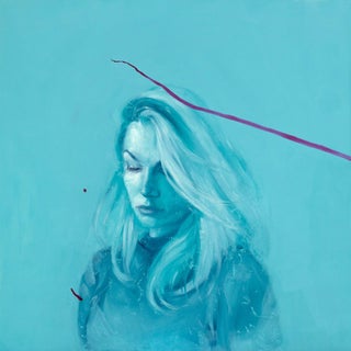 K in Turquoise by Valentin Fischer | Oil Painting of a woman with long hair against a turquoise background For Sale