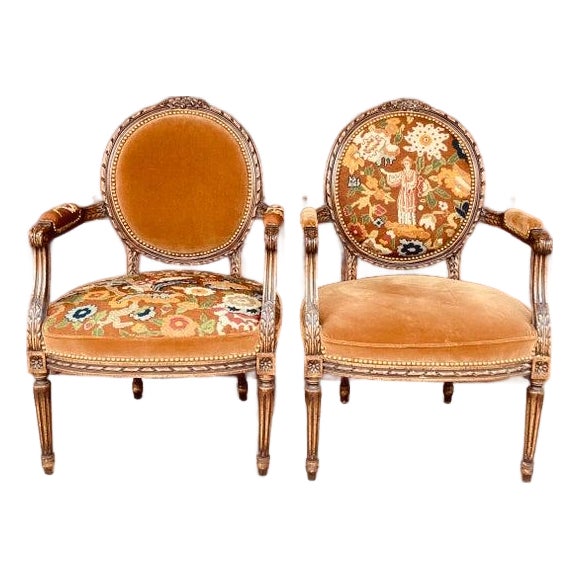 Pair of 19th C Louis XVI Style Armchairs in Late 19th C Needlepoint W Complementary Velvet For Sale