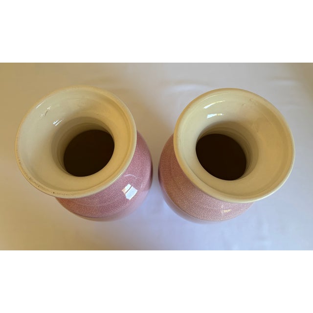 Ceramic Blush Pink Crackle-Glaze Ceramic Vases - Pair For Sale - Image 7 of 8