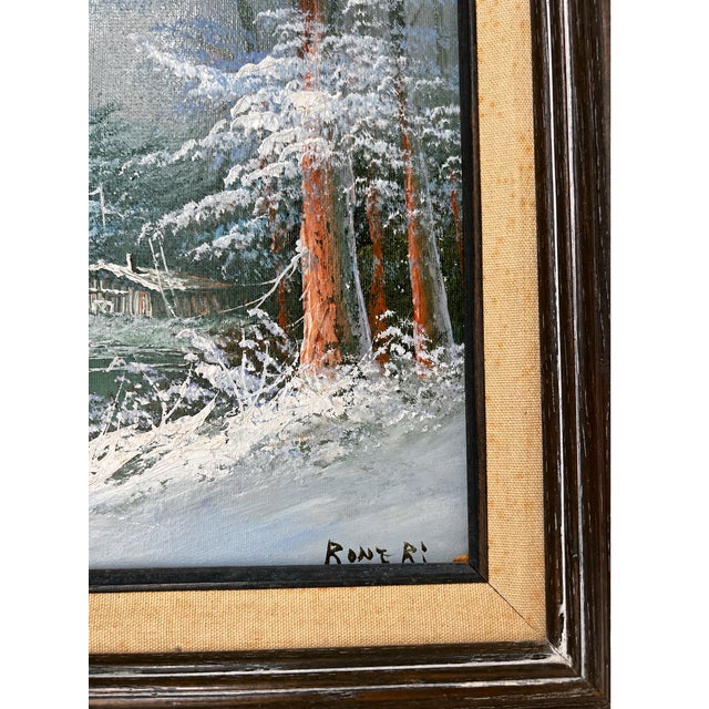 Signed Winter Mountain Lake and Cabin Painting in Dark Wood Frame For Sale In Las Vegas - Image 6 of 7