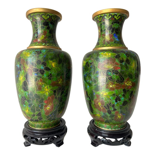 Pair of Mid 20th Century Chinese Floral Cloissone Vases With Stands For Sale