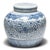 This round, porcelain ginger jar is brightly glazed in the blue-and-white manner. A combination of stenciled linework and...