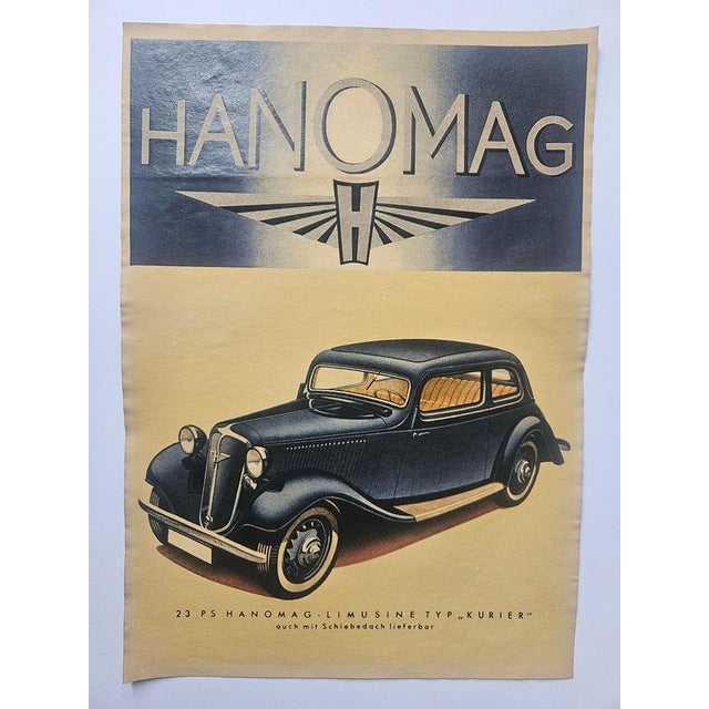 Art Deco Hanomag Automobile Advertising Poster, 1930s, in Very Good conditions. Designed 1920 to 1949