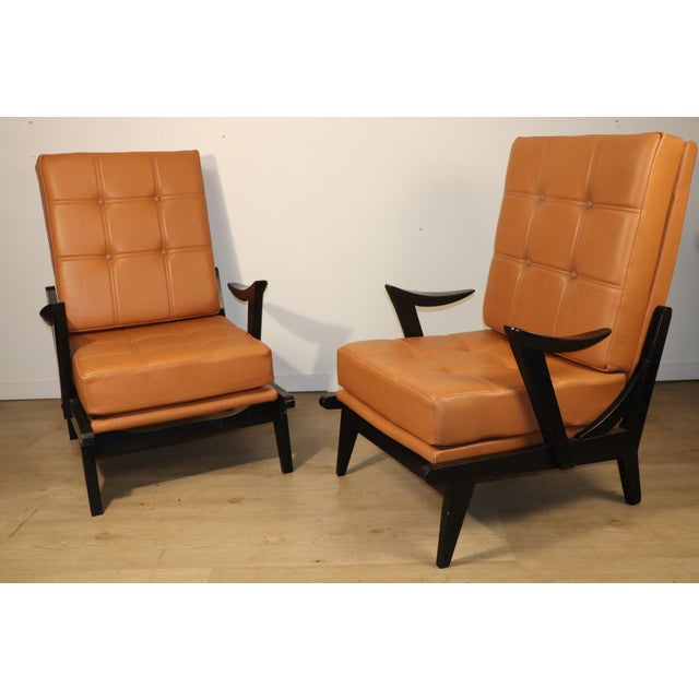 Vintage Armchair in Black Wood and Caramel Leather, 1950s For Sale - Image 12 of 18