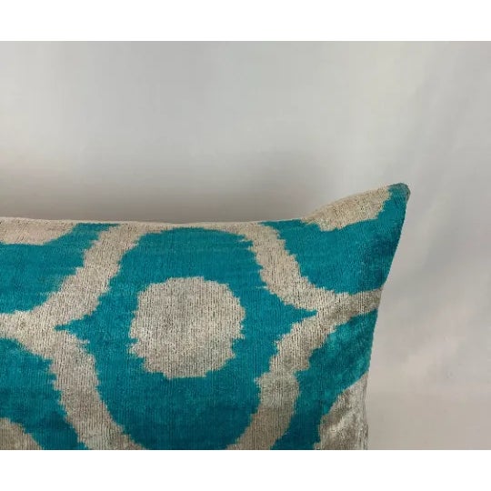 Modern Turkish Modern Blue Velvet Silk Ikat Pillow Cover For Sale - Image 3 of 5