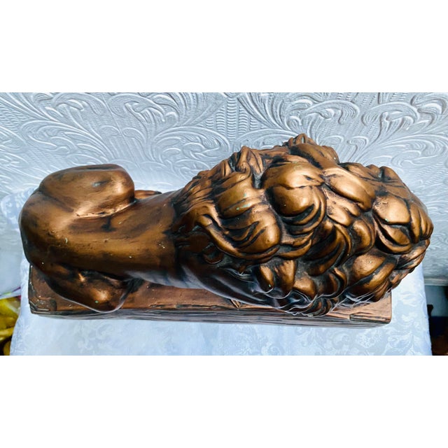 1950s Mid-Century Modern Large Lion Copper Painted Ceramic Figurine Glass Eyes Signed He For Sale - Image 5 of 12