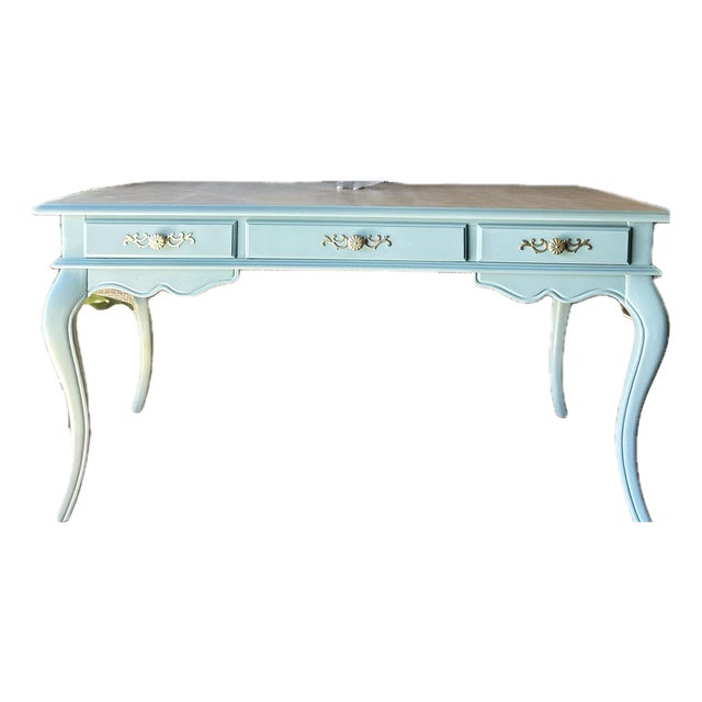 Mid-Century Louis XV Style Refinished Teal-Turquoise Solid Wood 3-Drawer Desk For Sale