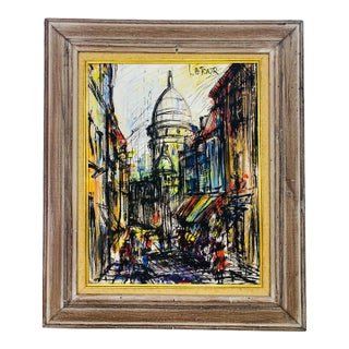 Mid Century Modern French Abstract Oil on Canvas Cityscape Painting For Sale