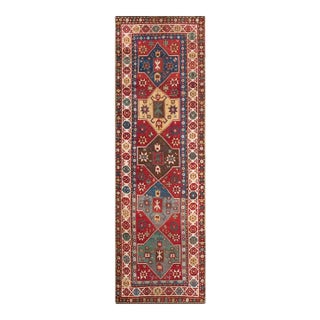 Antique Late 19th Century Tribal Geometric Caucasian Kazak Red Runner Rug For Sale