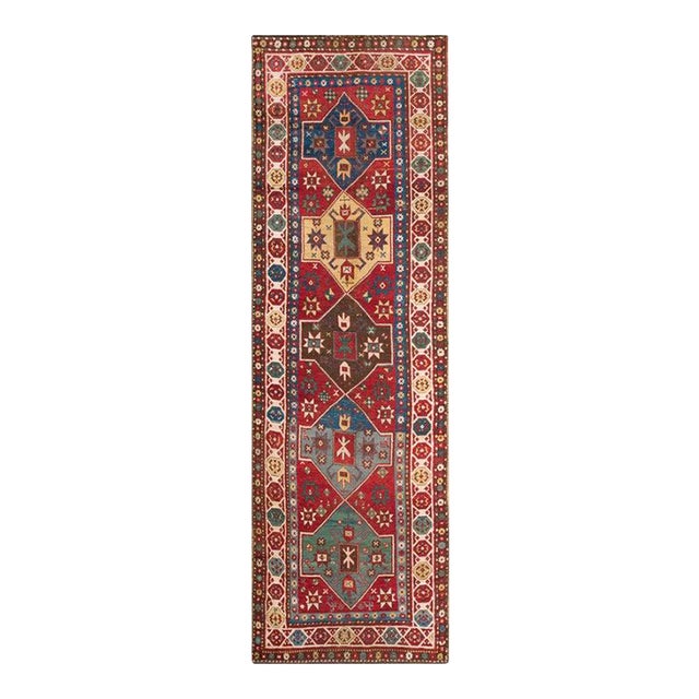 Antique Late 19th Century Tribal Geometric Caucasian Kazak Red Runner Rug For Sale