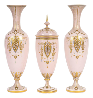 Mantel Set with Vases in Pink Opaline, 1800s, Set of 3