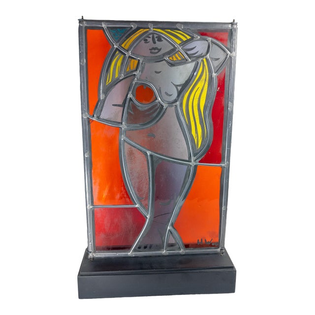 1960's Mid-Century Stained Glass Window Panel of a Figure, Signed For Sale