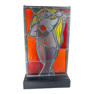 1960's Mid-Century Stained Glass Window Panel of a Figure, Signed