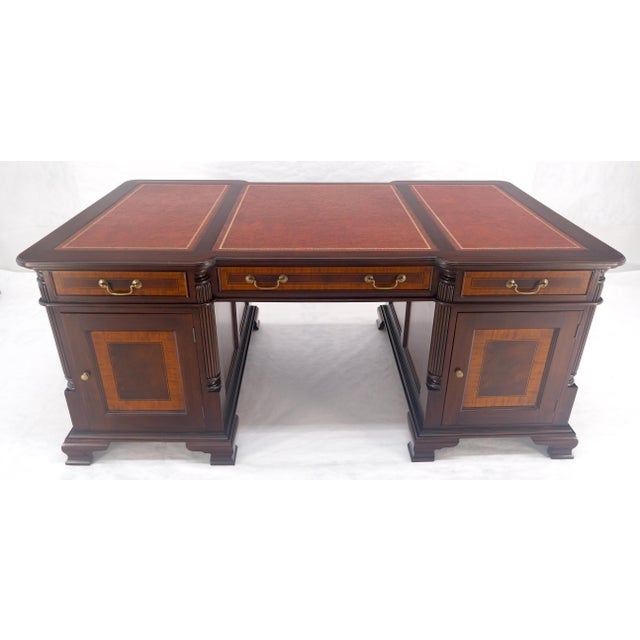 Traditional Large Double Pedestal Embossed Leather Top Mahogany Partners Desk MINT For Sale - Image 3 of 14